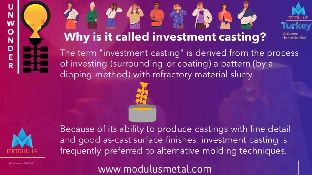 The term "investment casting" is derived from the process of investing (surrounding or coating) a pattern (by a dipping method) with refractory material slurry.Because of its ability to produce castings with fine detail and good as-cast surface finishes, investment casting is frequently preferred to alternative molding techniques.